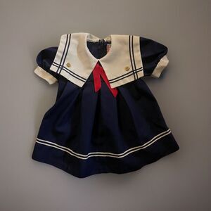 Blue and White Formal Dress with Puff Sleeves and Peter Pan Collar